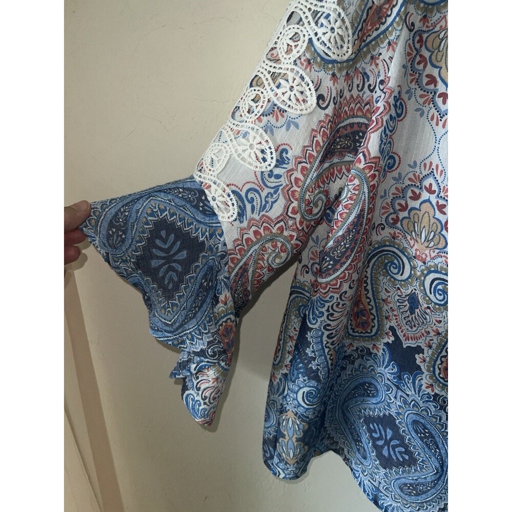 FRYE & CO Blouse Womens M Blue Paisley Chiffon Belle Sleeve Babydoll Top Boho - Picture 4 of 9